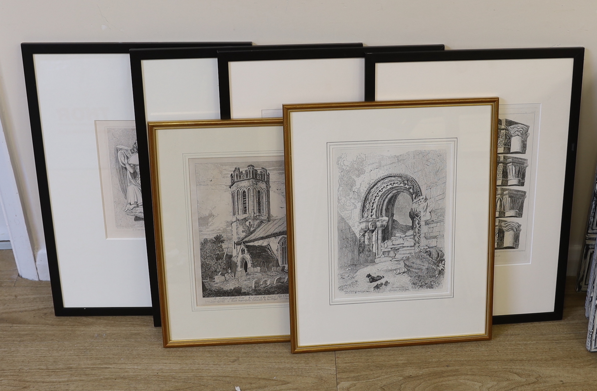 John Sell Cotman (1782-1842), six etchings including ‘The Tower of Toft Church’, ‘Kirkham Priory, York’ and ‘Stone Figure, Walsingham’, largest 35 x 27cm